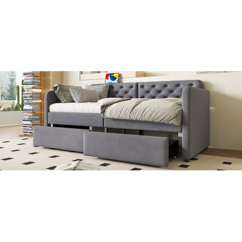 Twin Size Upholstered Daybed with 2 Storage Drawers and USB Charging Design, Velvet Upholstered Daybed Frame, Twin Sofa Bed for Living Room Bedroom, No Box Spring Needed,Plush Velvet Fabric