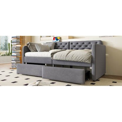 Twin Size Upholstered Daybed with 2 Storage Drawers and USB Charging Design, Velvet Upholstered Daybed Frame, Twin Sofa Bed for Living Room Bedroom, No Box Spring Needed,Plush Velvet Fabric