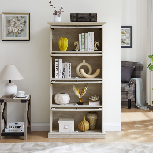 White 4-Tier Tempered Glass Display Cabinet Flip-Up Door Household Collectible Toy Book Storage Showcase Cabinet