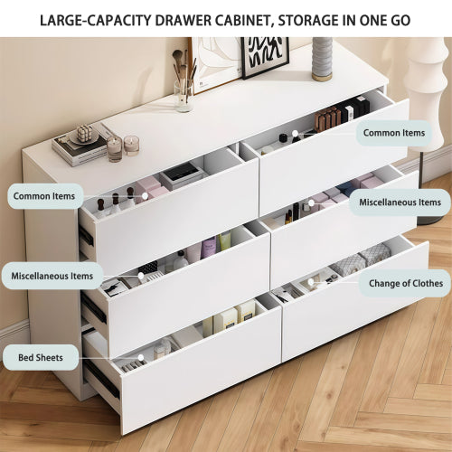 6 Drawer White Dresser, Modern Dresser for Bedroom with Spacious Countertop, Wood Storage Cabinet with Concealed Handles & 6 Deep Drawers for Bedroom, Living Room, Entryway, 15.7" D x 47.2" W x 30.9"