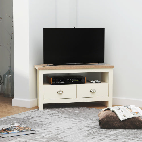 37.5 Inch White Trapezoidal Corner TV Stand for 50 Inch TV with Drawers & Open Compartment