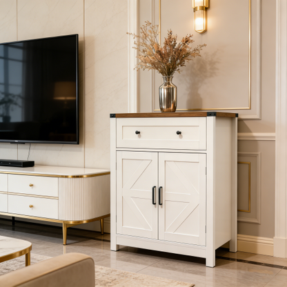 White & Wood-Grain Top Farmhouse Barn-Door Storage Cabinet, Coffee Bar Buffet Sideboard with Drawer for Kitchen & Living Room