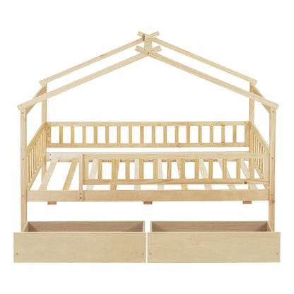 Twin Size Wooden House Bed with Two Drawers, Natural
