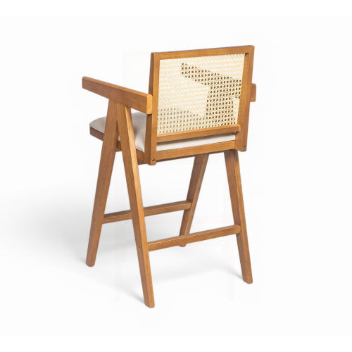 27inch Height, Cream Woven Cane Plastic Backrest Bar Stool - Foam-Padded Fabric Seat & Durable Rubberwood Frame