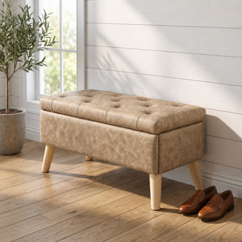32 Inch Wide Square Storage Ottoman Bench with Built-in Tray, Upholstered Footrest, Multi-Functional End of Bed Bench