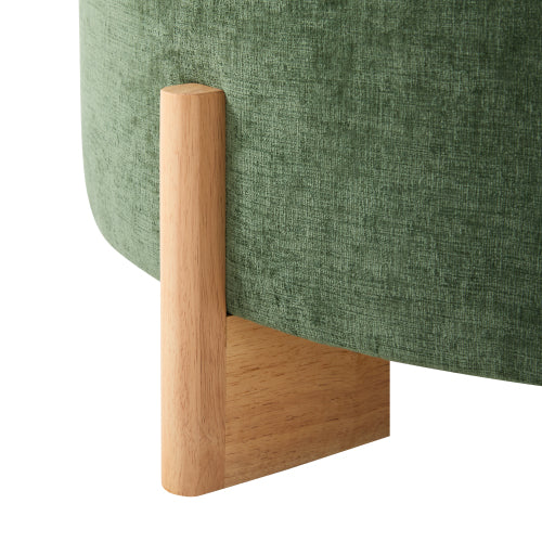 Green Round Chenille Tufted Ottoman, 32 Inch Button Tuft Footrest with L-Shaped Rubberwood Legs, 250 LBS Capacity