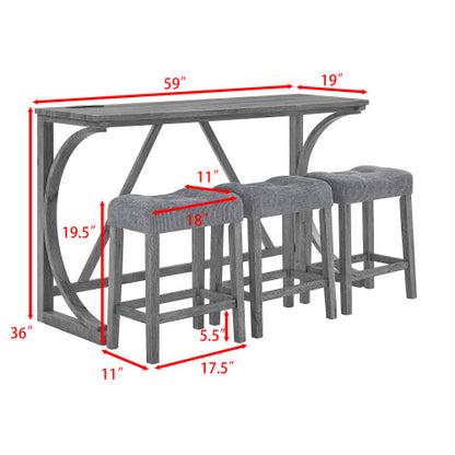 59 Inch Industrial Wood Bar Table Set with Charging Station, 4-Piece Brown Linen Upholstered Stools Dining Set