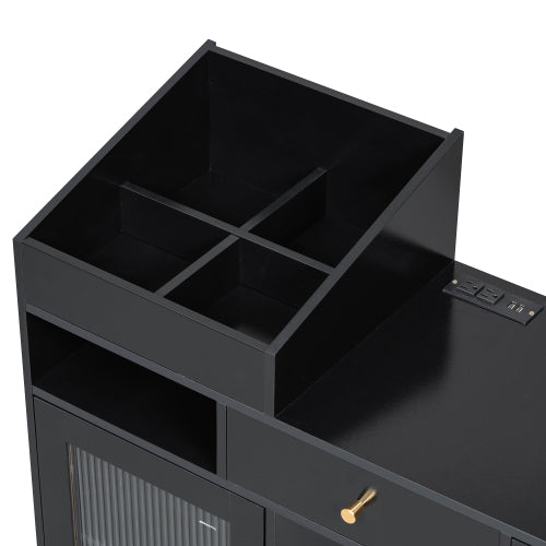 Black Space Saving Vanity Desk Set with Stool, Built?in Charging Station, Drawers & Tempered Glass Cabinet