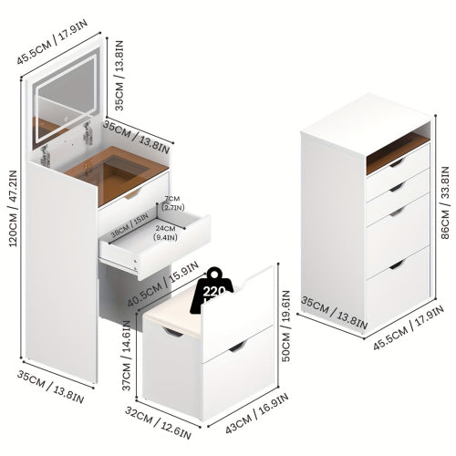 3-in-1 Multifunctional Vanity Desk Set, Flip-Up Mirror, 3-Color Lights, 2 Drawers, Hidden Storage Stool, Pink