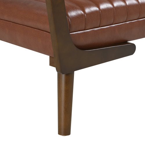 52 inch Cognac PU Mid-Century Bench Ottoman, Walnut Wood Leg Water-Resistant Footrest, 300 LBS for Bed End & Entryway