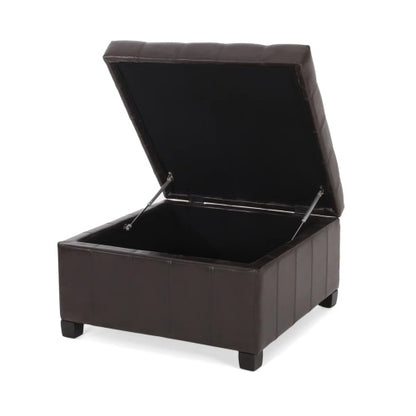Dark Brown PU Leather Tufted Storage Ottoman with Waffle Stitch