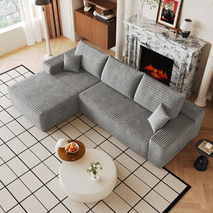 107 inch  Grey Plush Corduroy L-Shape Cloud Modular Sectional Sofa, No Assembly