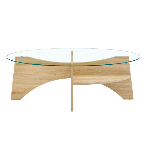 Oval Tempered Glass Coffee Table 41.3 Inch Wood Grain Legs Modern Accent