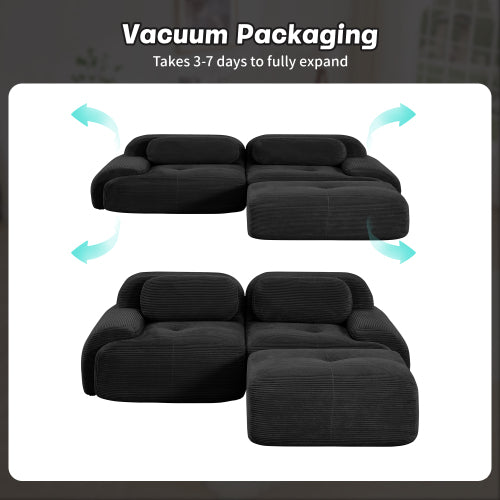 82-Inch Black Corduroy L-Shaped Modular Sectional Sofa Curved Armrest No-Assembly
