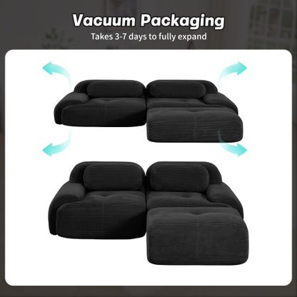 82-Inch Black Corduroy L-Shaped Modular Sectional Sofa Curved Armrest No-Assembly