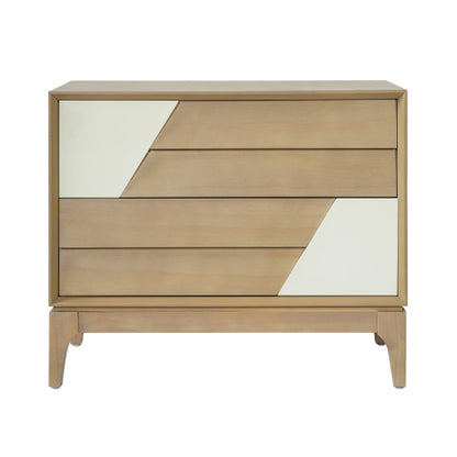Natural & Cream White Japandi Nightstand, 2-Drawer Angled Patchwork Side Table with Tapered Legs