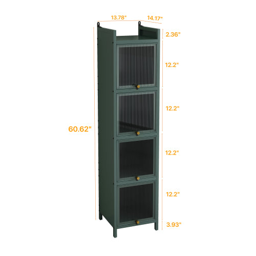 Dark Green Modern 5-Tier Storage Cabinet Iron Frame Fluted Glass Door Sideboard For Entryway Bathroom