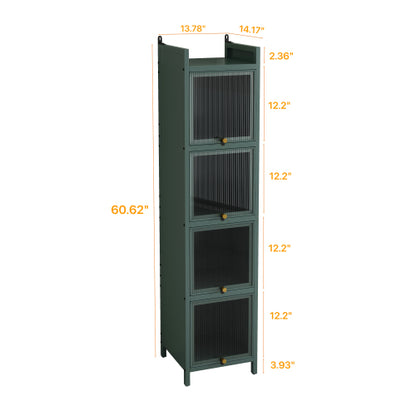 Dark Green Modern 5-Tier Storage Cabinet Iron Frame Fluted Glass Door Sideboard For Entryway Bathroom