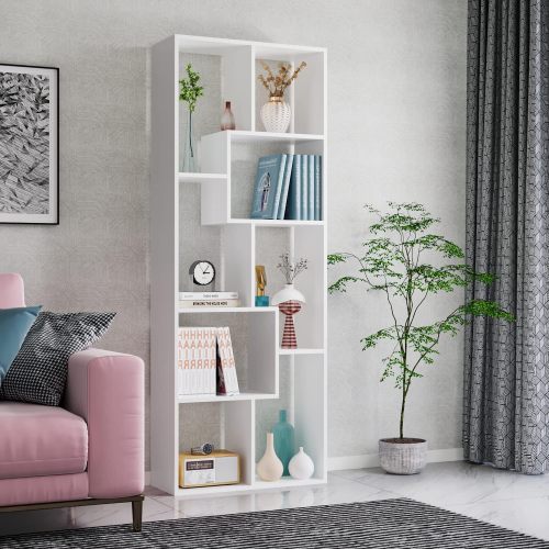 White 5-Tier Asymmetrical Staggered Display Bookshelf, Modern Geometric Space-Saving Home Storage Rack