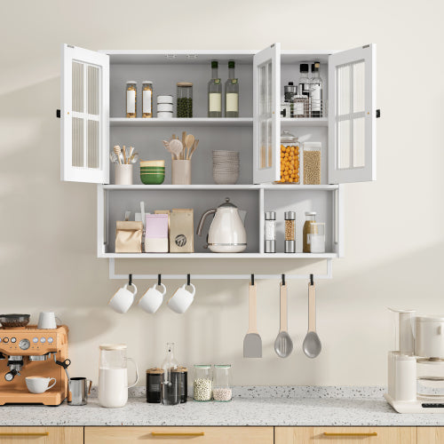 Bathroom Wall Cabinet, 3-Door Wooden Wall Cabinet with Open and Hidden Storage Space, Medicine Cabinet with Glass Door and Towel Bar for Entryway Living Room Bathroom Dining Room,White
