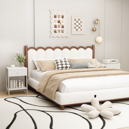 White Nightstand with Drawer and Open Shelf, Modern Wave Pattern Bedside Table, Solid Wood Frame End Table for Bedroom, Living Room, Small Spaces