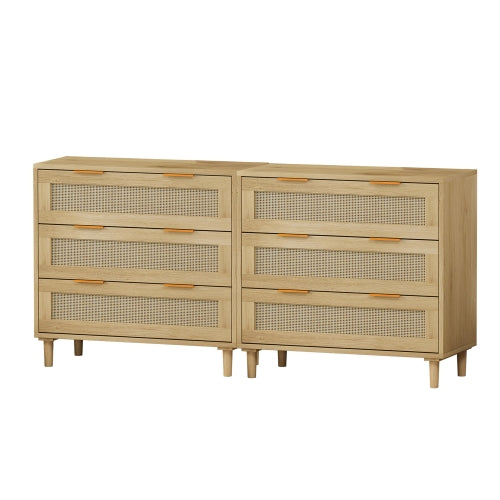 Oak Color 3-Drawer Rattan Storage Cabinet Set of 2 MDF Household Drawer Chest With Iron Handles