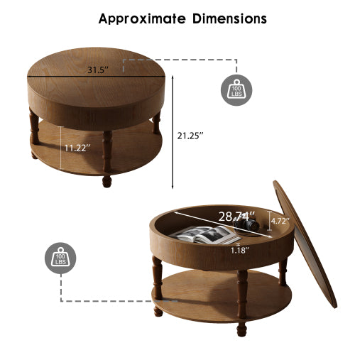 31.5inch  Round Flip-Top Coffee Table with Dual Storage, Walnut