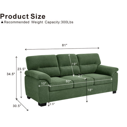 Green Modern 3-Seater Upholstered Sofa,Textured Fabric,Solid Wood Frame
