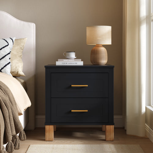 Black Fluted Nightstand, 2-Drawer Bedside Table with Metal Handles & Solid Wood Legs