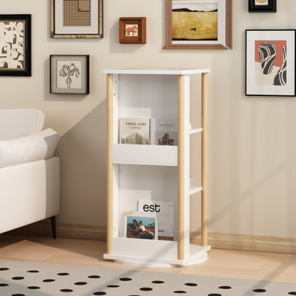 White & Natural 3-Tier 360¡ã Rotating Kids Bookshelf with Chalkboard, Toddler Toy Storage Rack 15.75¡Á15.75¡Á34.84 Inch