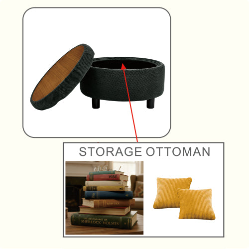 25 Inch Round Storage Ottoman, Dark Grey Tufted Fabric