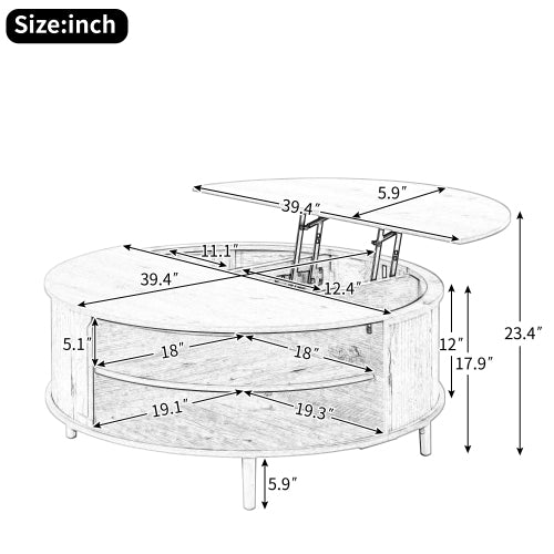 Round Lift Top Coffee Table Storage Sliding Door Pine Wood Legs Modern Wood Wave Design