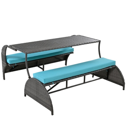 U_STYLE 2-in-1 Convertible Picnic Upholstered Bench Table,57.1" Outdoor Loveseat,Portable Picnic Table Couch,Convertible To 4 Seats&1 Table,For Garden,Lawn,Backyard,Porch,Patio