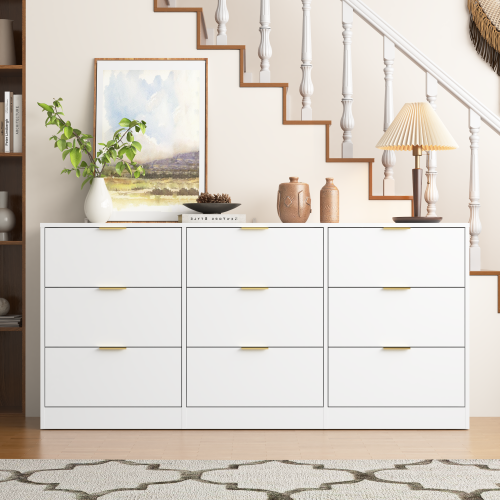 White 9 Drawer Dresser, 63" Large Deep Chest of Drawers, Wooden Dresser Storage Cabinet with 9 Drawers for Bedroom, Long Dressers for Living Room, Hallway