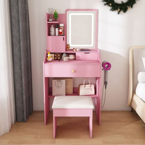 Pink 3-Color LED Vanity Mirror with Stool, 2 Drawers & 5 Storage Cabinets, Charging Station & Hair Dryer Holder
