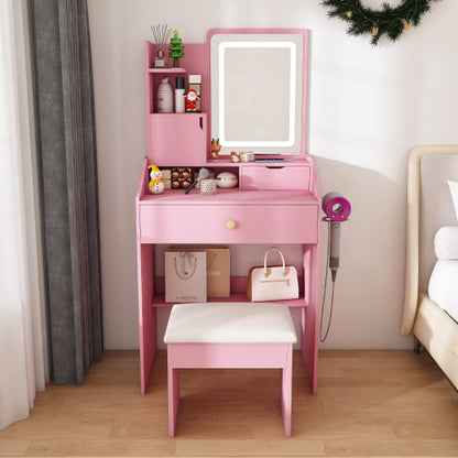 Pink 3-Color LED Vanity Mirror with Stool, 2 Drawers & 5 Storage Cabinets, Charging Station & Hair Dryer Holder