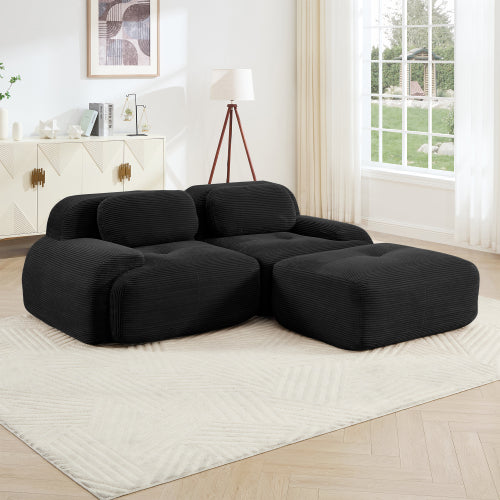 82-Inch Black Corduroy L-Shaped Modular Sectional Sofa Curved Armrest No-Assembly