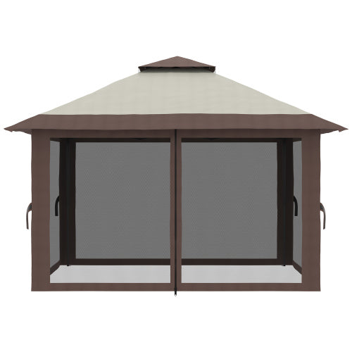 13' x 13' Pop Up Gazebo with Netting, Instant Canopy Tent Shelter with 2-Tier Roof, Wheeled Carry Bag, Water/Sand Bags for Outdoor, Garden, Parties, Beige