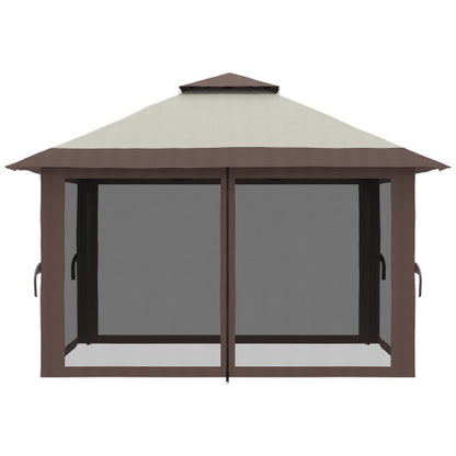 13' x 13' Pop Up Gazebo with Netting, Instant Canopy Tent Shelter with 2-Tier Roof, Wheeled Carry Bag, Water/Sand Bags for Outdoor, Garden, Parties, Beige