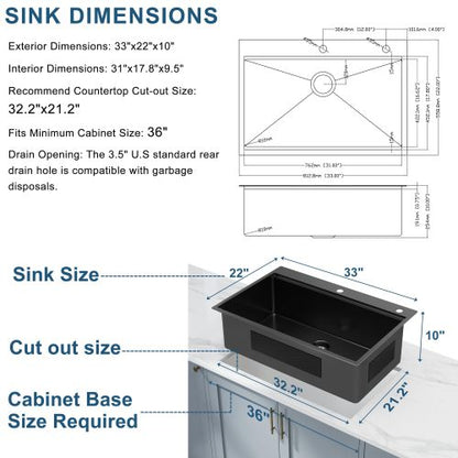33 Inch Gunmetal Black Drop in Workstation kithchen Sink -33 "x 22" 16 Gauge Topmount Drop in Single Bowl Stainless Steel Kitchen Sink with Accessories
