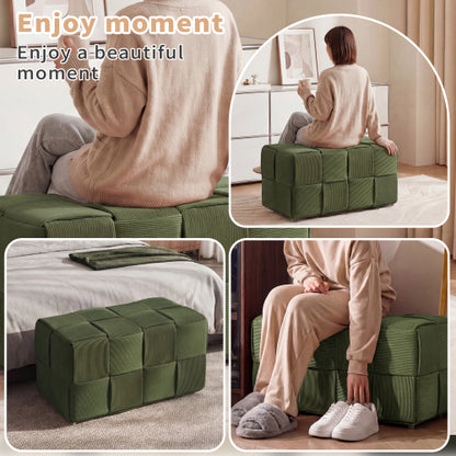 Green Square Corduroy Woven Ottoman, 300 LBS Engineered Wood Frame No-Assembly Vanity Foot Stool