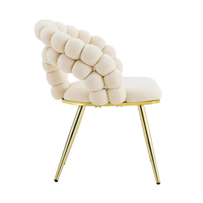 2 Pack Beige Velvet Dining Chairs, Bubble Cushion Back Accent Chairs with Gold Finished Metal Legs