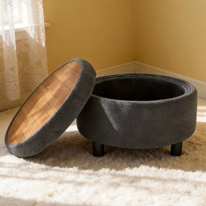 25 Inch Round Storage Ottoman, Dark Grey Tufted Fabric