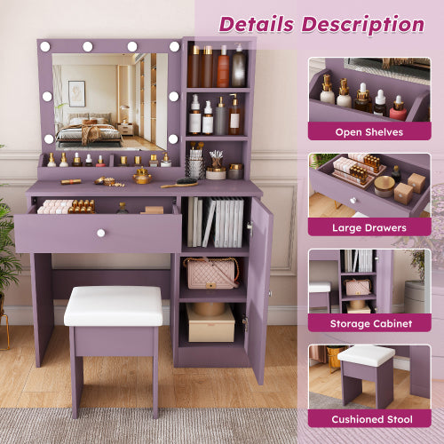 Purple Vanity Desk Set with Padded Stool & Adjustable Lighted Mirror, 8 Round Bulbs, 3 Color Modes, Modern Bedroom