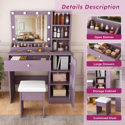 Purple Vanity Desk Set with Padded Stool & Adjustable Lighted Mirror, 8 Round Bulbs, 3 Color Modes, Modern Bedroom