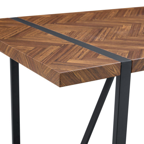 Retro Dining Table with Fishbone Textured Top & Black Metal Legs