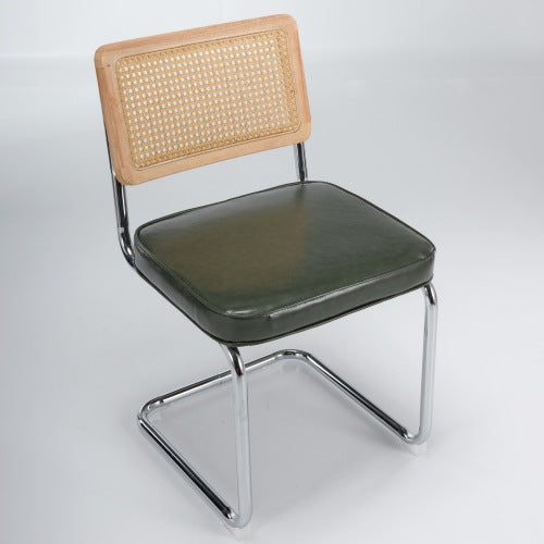 Set of 2 Mid-Century Cane Rattan Dining Chairs, Solid Wood Frame, Olive Faux Leather Seat, Cantilever Chrome Metal Base