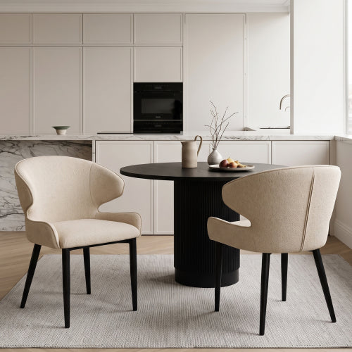 Shell Back Fabric Dining Chairs with Black Metal Legs, Set of 2, Beige
