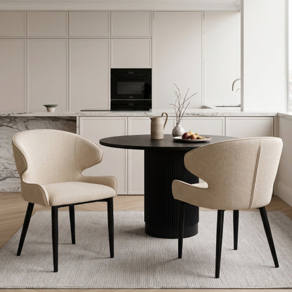 Shell Back Fabric Dining Chairs with Black Metal Legs, Set of 2, Beige