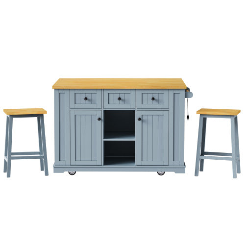 53inch Large Kitchen Island with 2 Bar Stools,Power Outlet,Door Internal Storage Rack,Kitchen Storage Cart on 5 Wheels with Drop Leaf,5 Open Side Racks,3 Drawers,Grey Blue (Three Packages)